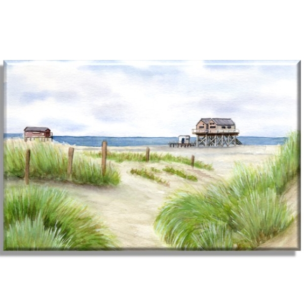 Leinwand 40 x 30 cm Keilrahmen Canvas-Leinen  Aquarell Maritim Kunst Druck Kunstdruck Nordsee St. Peter Ording SPO Westerhever Pfahlbau Pfahlbauten Meer Strand